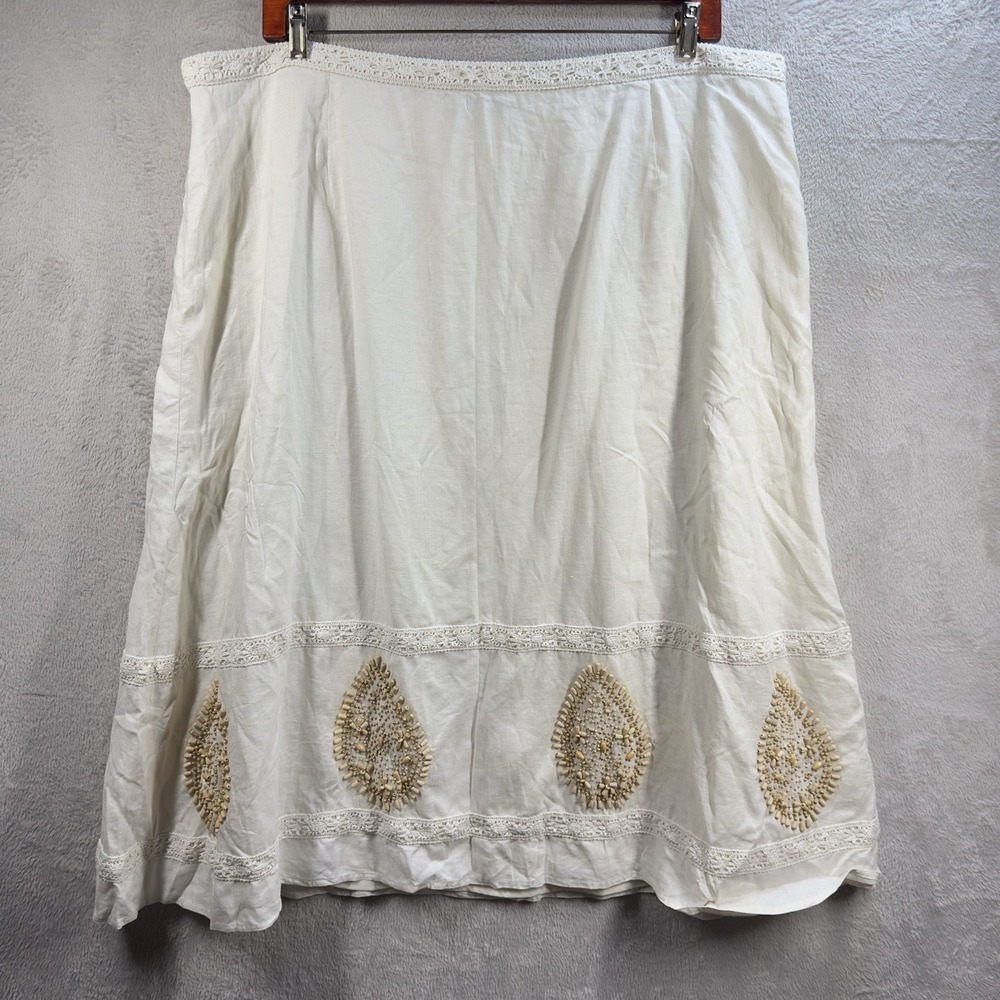 Emanuel‎ Ungaro Ivory Linen Midi Skirt Plus Size 22W Beaded Bohemian Resortwear
